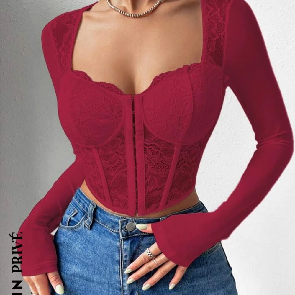 Elegant Red Lace Long Sleeve Top